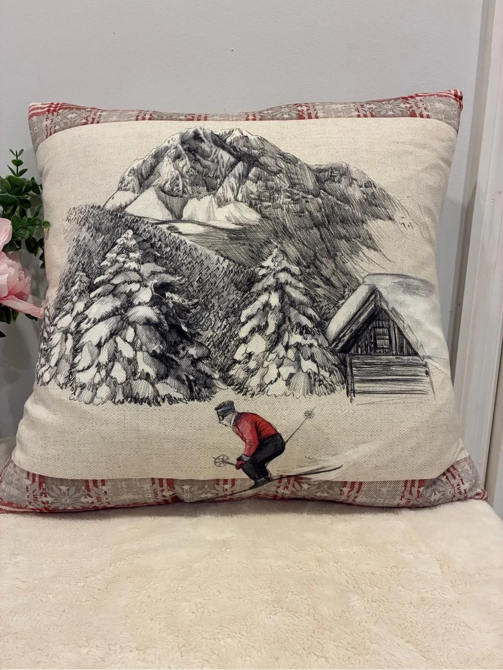 Red Ski Scene Decorative Throw Pillow - Home Holiday